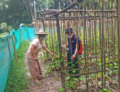 une maraîchère reçoit la visite d'un animateur de Sont Oo Tehtwin sur sa parcelle