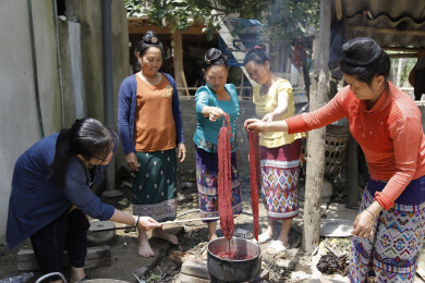 des tisserandes sont formées par anh chi em à la teinture de tissus par des méthodes naturelles